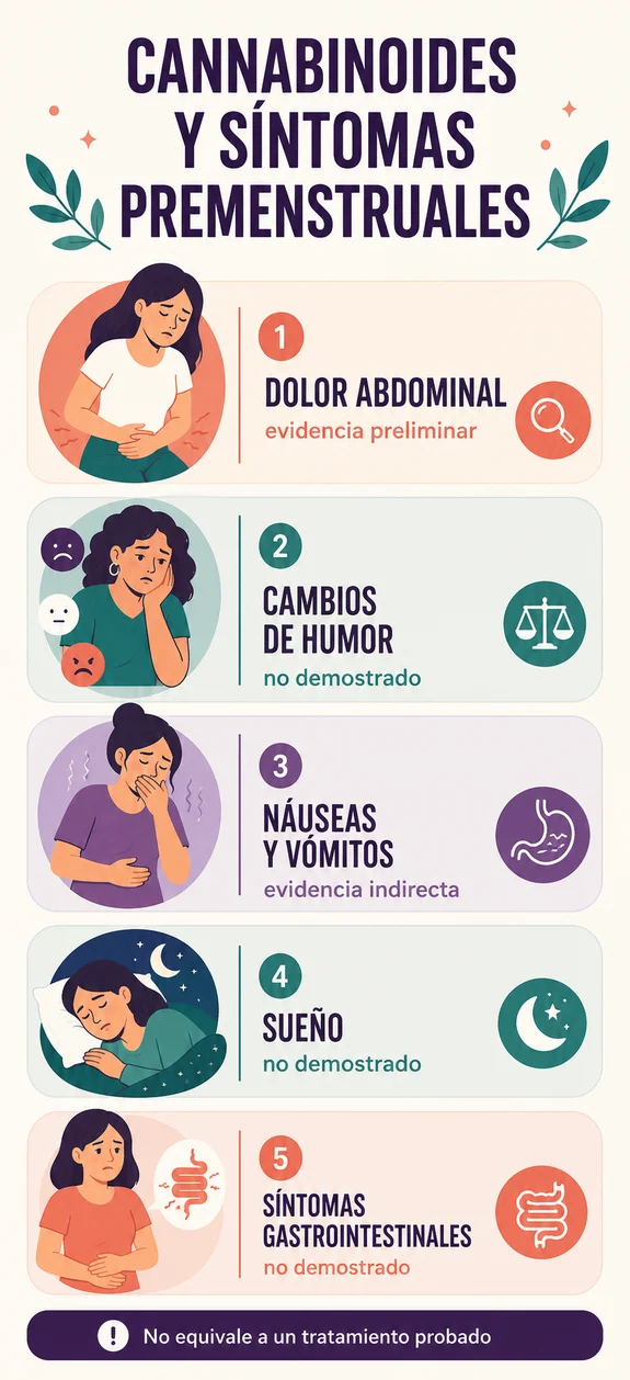 Infografía sobre cannabinoides y síntomas premenstruales que distingue evidencia preliminar, indirecta y efectos no demostrados. Infografía sobre cannabinoides y síntomas premenstruales que distingue evidencia preliminar, indirecta y efectos no demostrados.