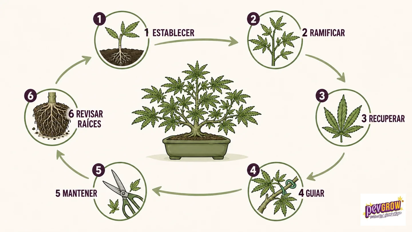 Infografía circular con seis etapas de formación y mantenimiento de un bonsái de cannabis, ilustrado en una maceta central. Infografía circular con seis etapas de formación y mantenimiento de un bonsái de cannabis, ilustrado en una maceta central.
