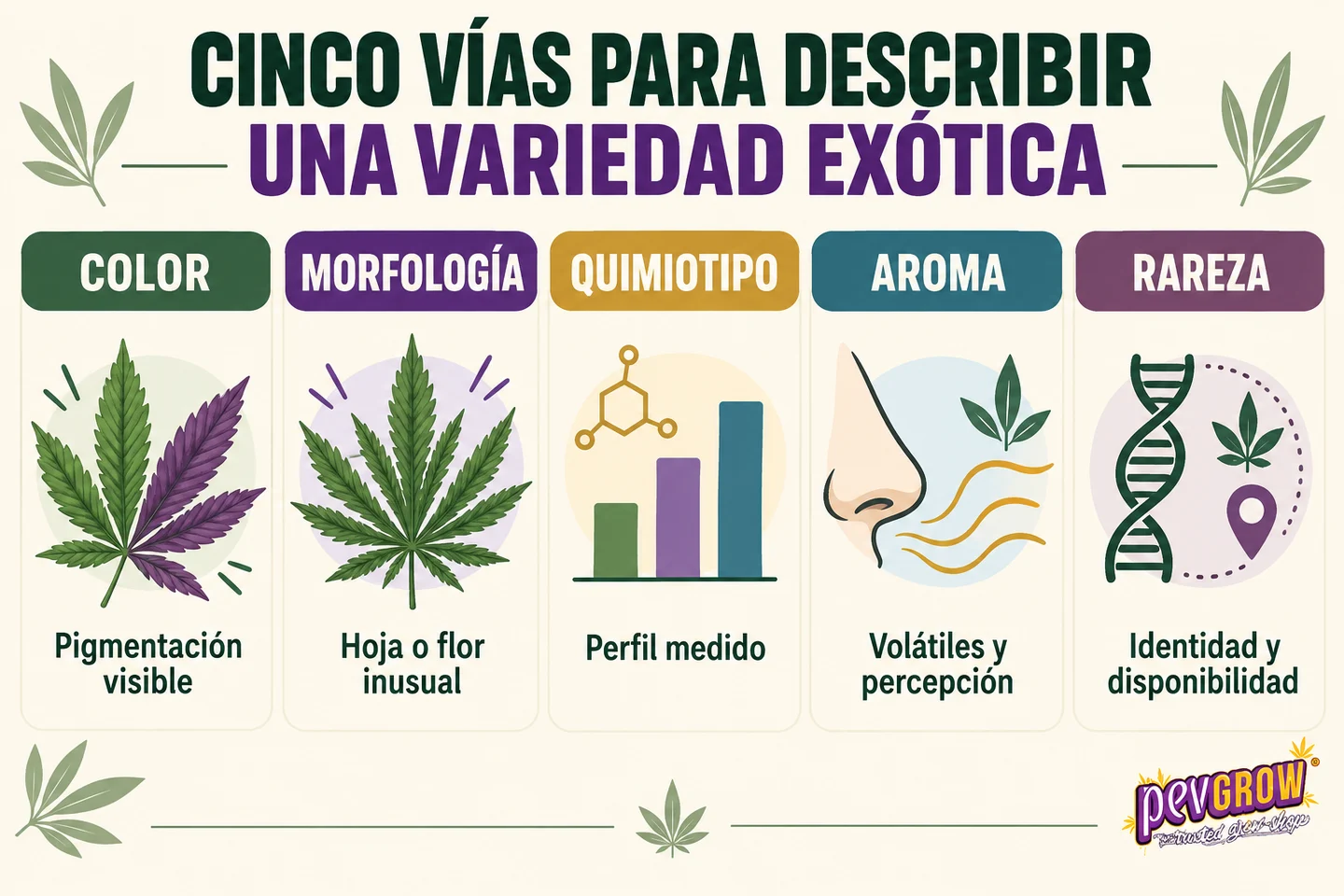 Infografía con cinco vías para describir una variedad exótica: color, morfología, quimiotipo, aroma y rareza.