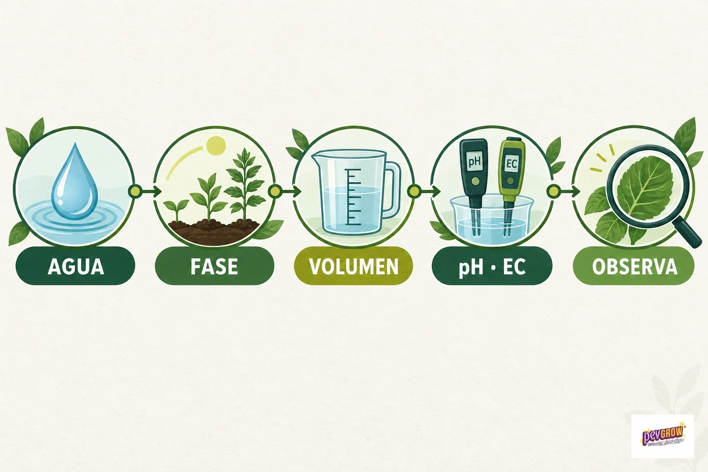 Infografía con cinco iconos conectados por flechas: agua, fase de la planta, volumen, medidores de pH y EC y observación de una hoja.