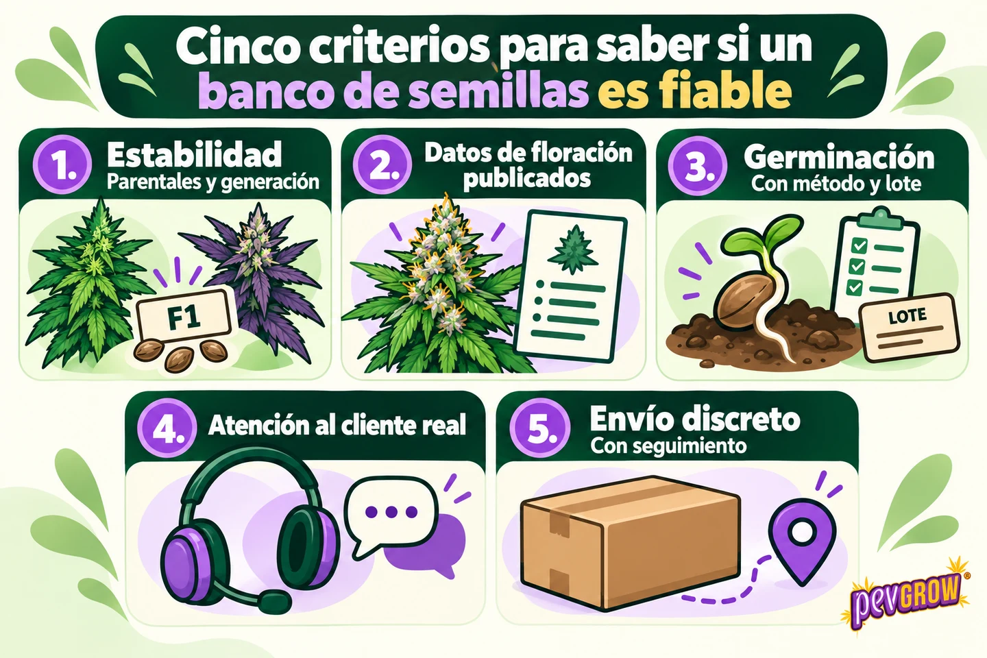 Infografía con los cinco criterios de un banco de semillas fiable: estabilidad, datos de floración, germinación, atención al cliente y envío discreto Infografía con los cinco criterios de un banco de semillas fiable: estabilidad, datos de floración, germinación, atención al cliente y envío discreto