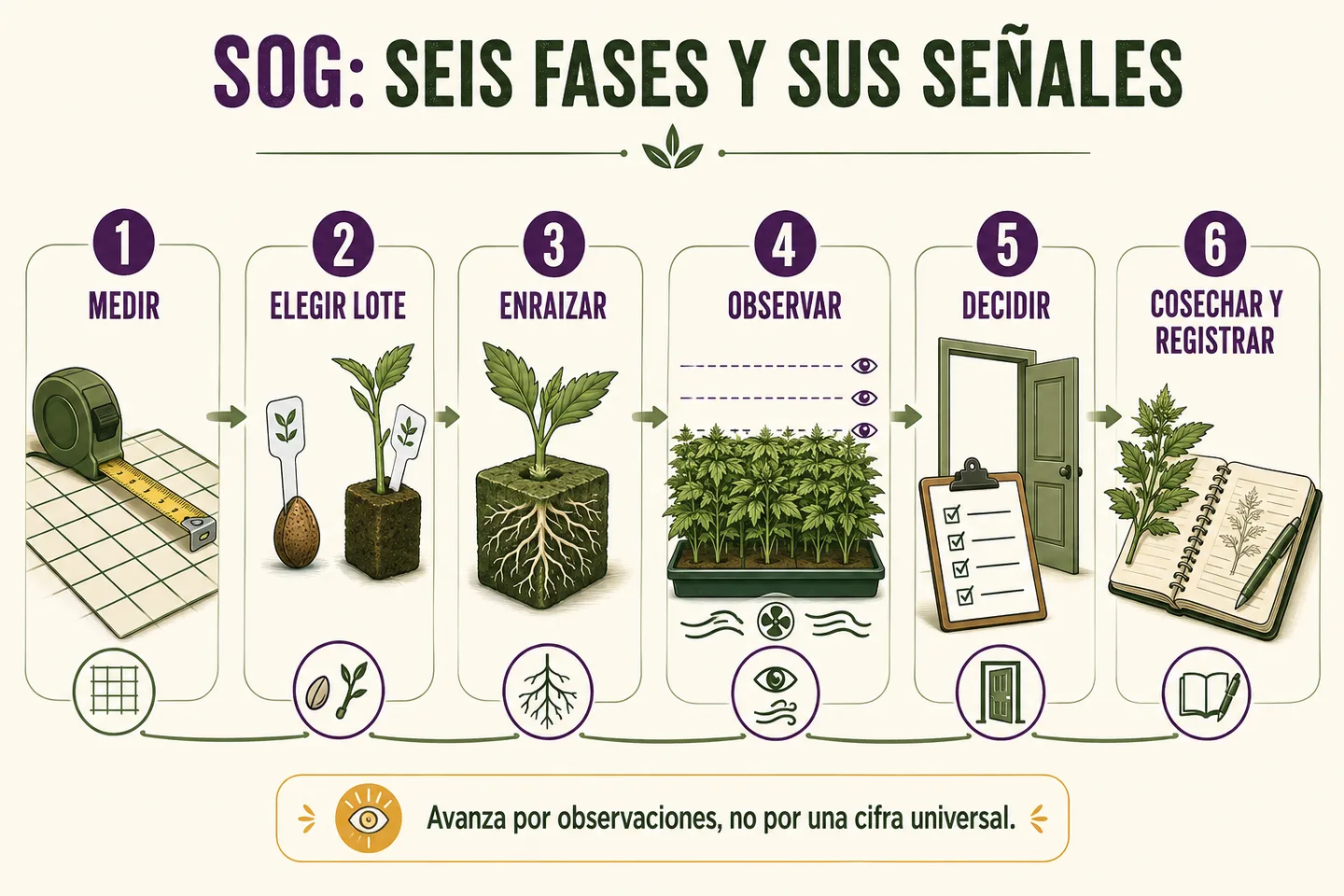 Infografía del método SOG en seis fases: medir, elegir lote, enraizar, observar, decidir y cosechar y registrar.