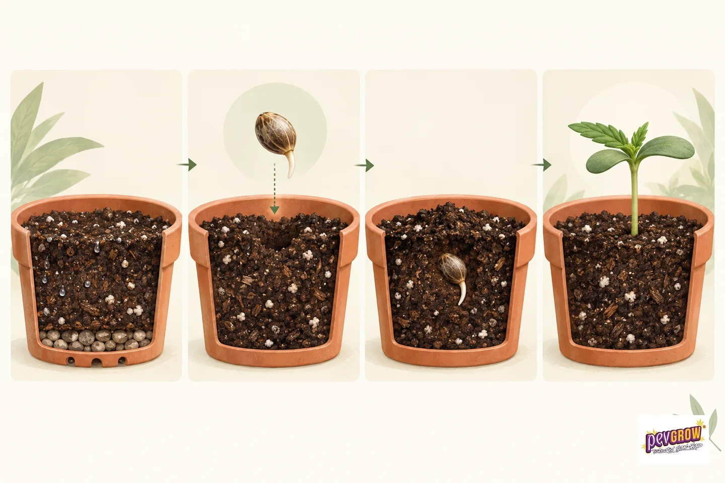 Secuencia ilustrada en cuatro macetas seccionadas: sustrato preparado, colocación de una semilla germinada, raíz y plántula con hojas.