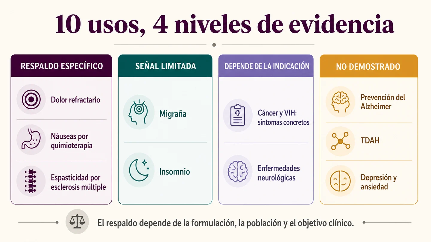 Infografía «10 usos, 4 niveles de evidencia» que agrupa indicaciones médicas del cannabis en cuatro columnas con iconos. Infografía «10 usos, 4 niveles de evidencia» que agrupa indicaciones médicas del cannabis en cuatro columnas con iconos.