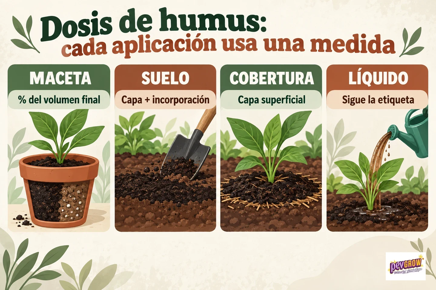 Infografía sobre dosis de humus con cuatro aplicaciones ilustradas: maceta, suelo, cobertura superficial y líquido de riego.