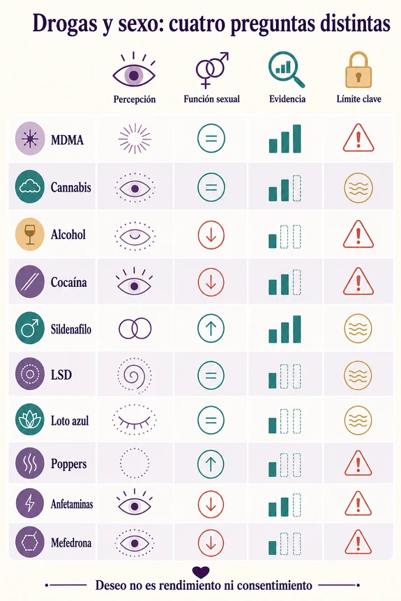 Tabla de diez sustancias con símbolos sobre percepción, función sexual, evidencia y límites, bajo el título «Drogas y sexo».