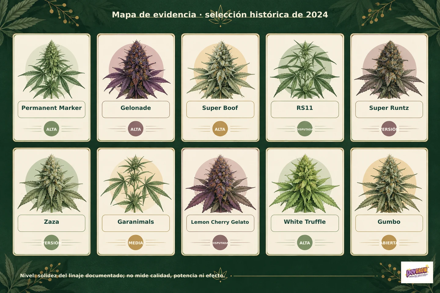 Mapa de evidencia de diez variedades de cannabis de 2024, con ilustraciones de plantas y cogollos en tarjetas sobre fondo verde. Mapa de evidencia de diez variedades de cannabis de 2024, con ilustraciones de plantas y cogollos en tarjetas sobre fondo verde.