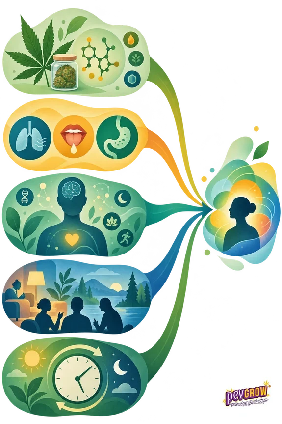 Infografía con cinco grupos de símbolos de cannabis, consumo, persona, entorno y tiempo conectados a una silueta multicolor. Infografía con cinco grupos de símbolos de cannabis, consumo, persona, entorno y tiempo conectados a una silueta multicolor.
