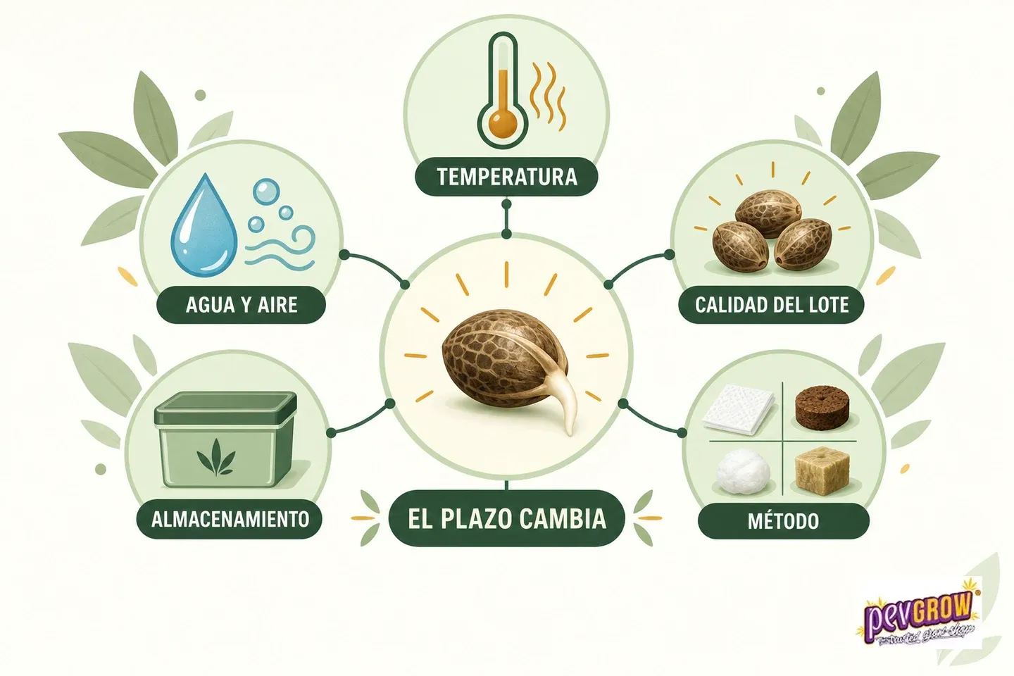 Infografía de una semilla germinada rodeada de cinco factores: temperatura, agua y aire, almacenamiento, calidad del lote y método.