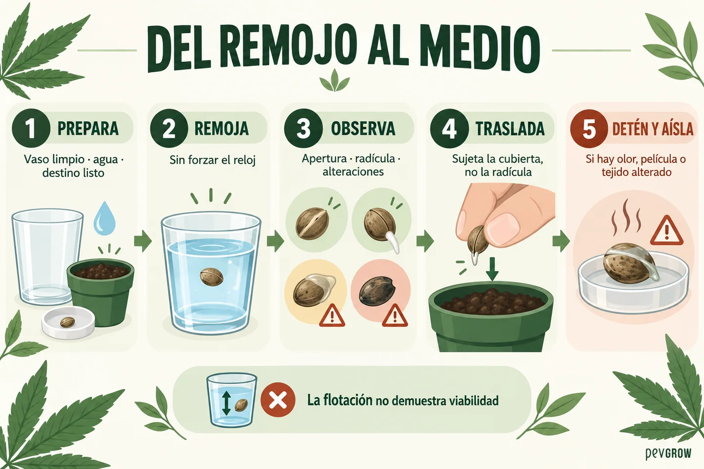 Infografía «Del remojo al medio» con cinco pasos ilustrados para observar semillas en agua y trasladarlas al sustrato.