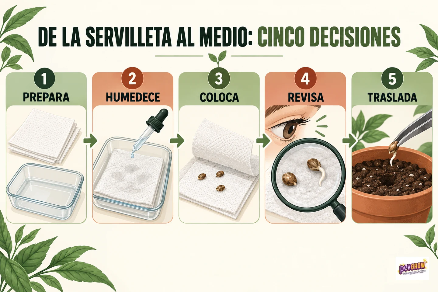 Infografía de cinco pasos para germinar semillas en servilletas: preparar, humedecer, colocar, revisar y trasladar a una maceta.