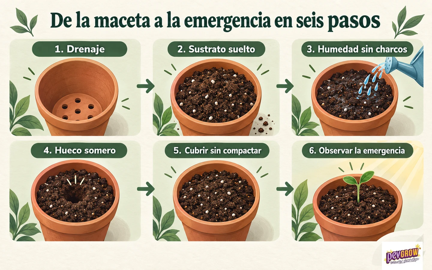 Infografía en seis viñetas sobre siembra en maceta, desde los agujeros de drenaje y la preparación del sustrato hasta la aparición del brote. Infografía en seis viñetas sobre siembra en maceta, desde los agujeros de drenaje y la preparación del sustrato hasta la aparición del brote.