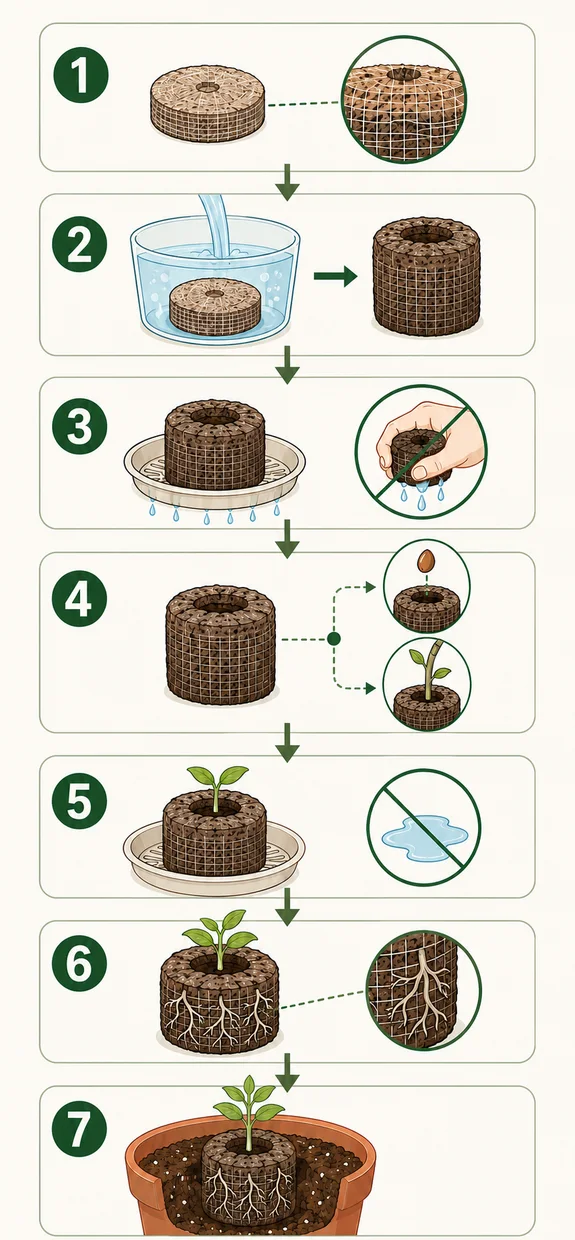 Infografía en siete pasos sobre el uso de un Jiffy, desde la hidratación del disco hasta el trasplante de la planta a una maceta.
