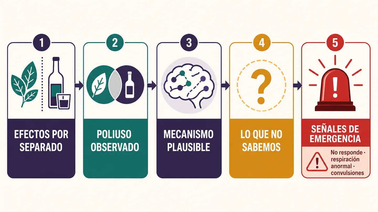 Infografía sobre kratom y alcohol con cinco bloques de evidencia, incertidumbres y señales de emergencia, unidos por flechas.