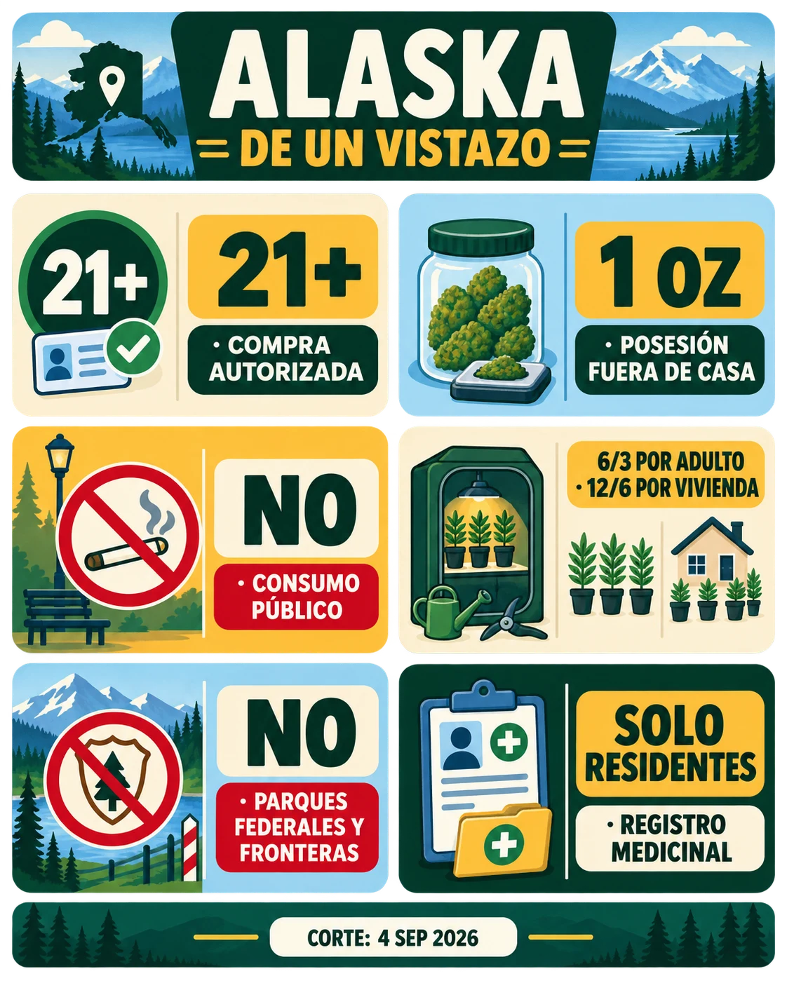 Infografía vertical «Alaska de un vistazo» con reglas de edad, posesión, cultivo, consumo público y registro medicinal, entre paisajes montañosos.