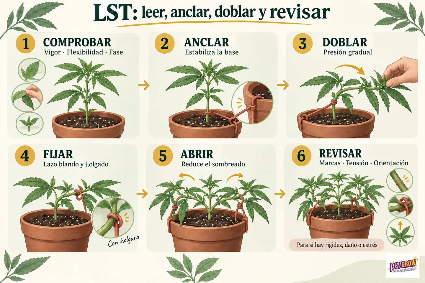 Infografía de LST en seis pasos con plantas en maceta: comprobar, anclar, doblar, fijar, abrir y revisar.