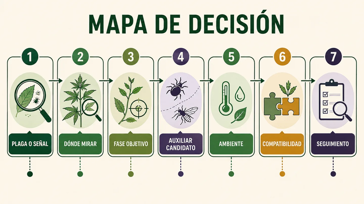 Mapa de decisión con siete pasos para elegir un agente de control biológico, desde la plaga o señal hasta el seguimiento. Mapa de decisión con siete pasos para elegir un agente de control biológico, desde la plaga o señal hasta el seguimiento.