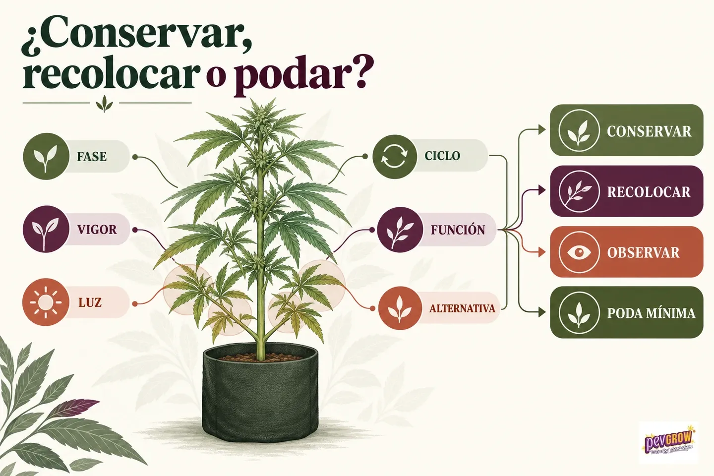 Infografía con una planta de cannabis en maceta y un mapa de decisión sobre conservar, recolocar, observar o realizar una poda mínima.