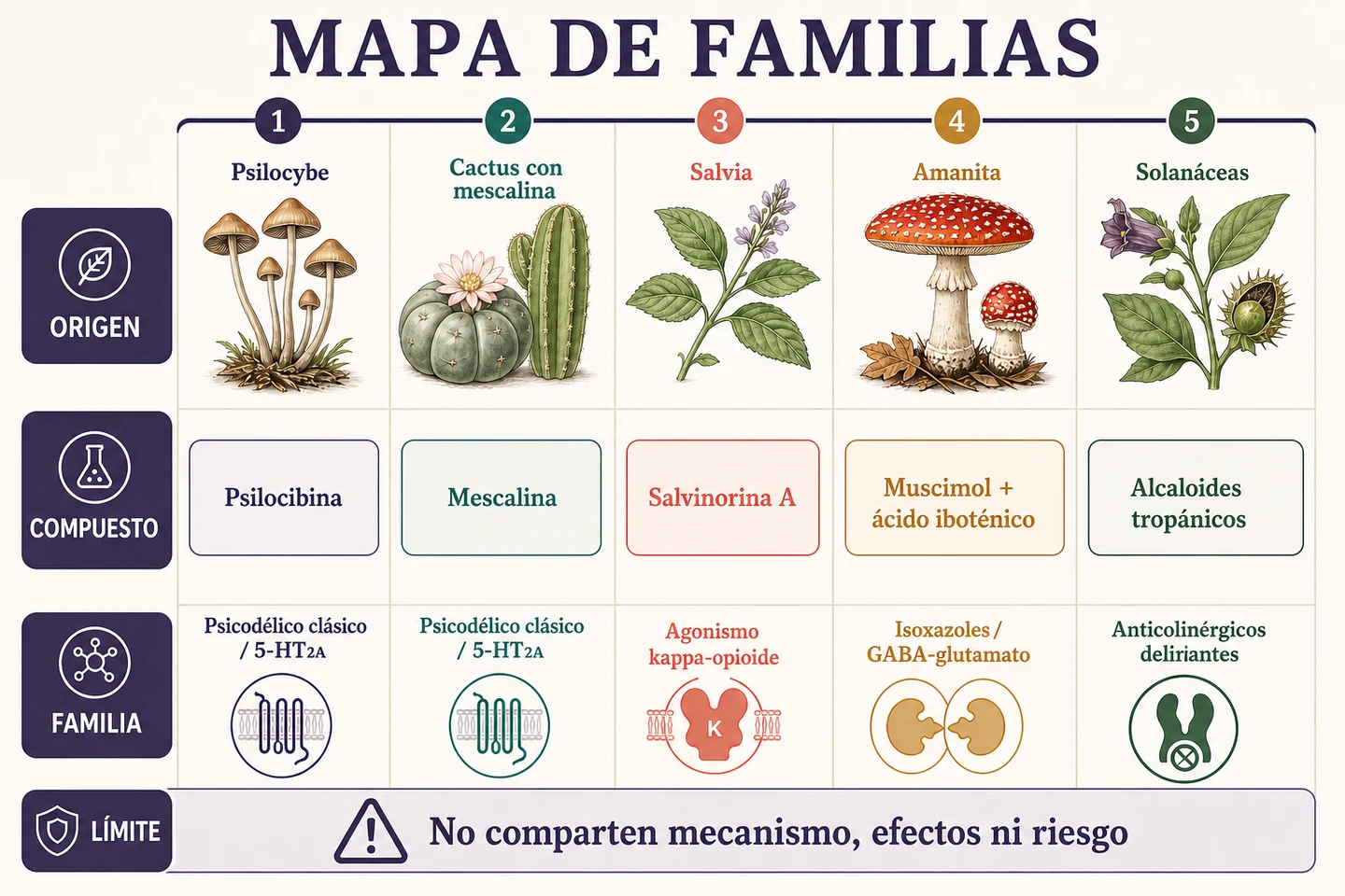 Infografía que compara hongos Psilocybe, cactus con mescalina, salvia, amanitas y solanáceas por sus compuestos y mecanismos.
