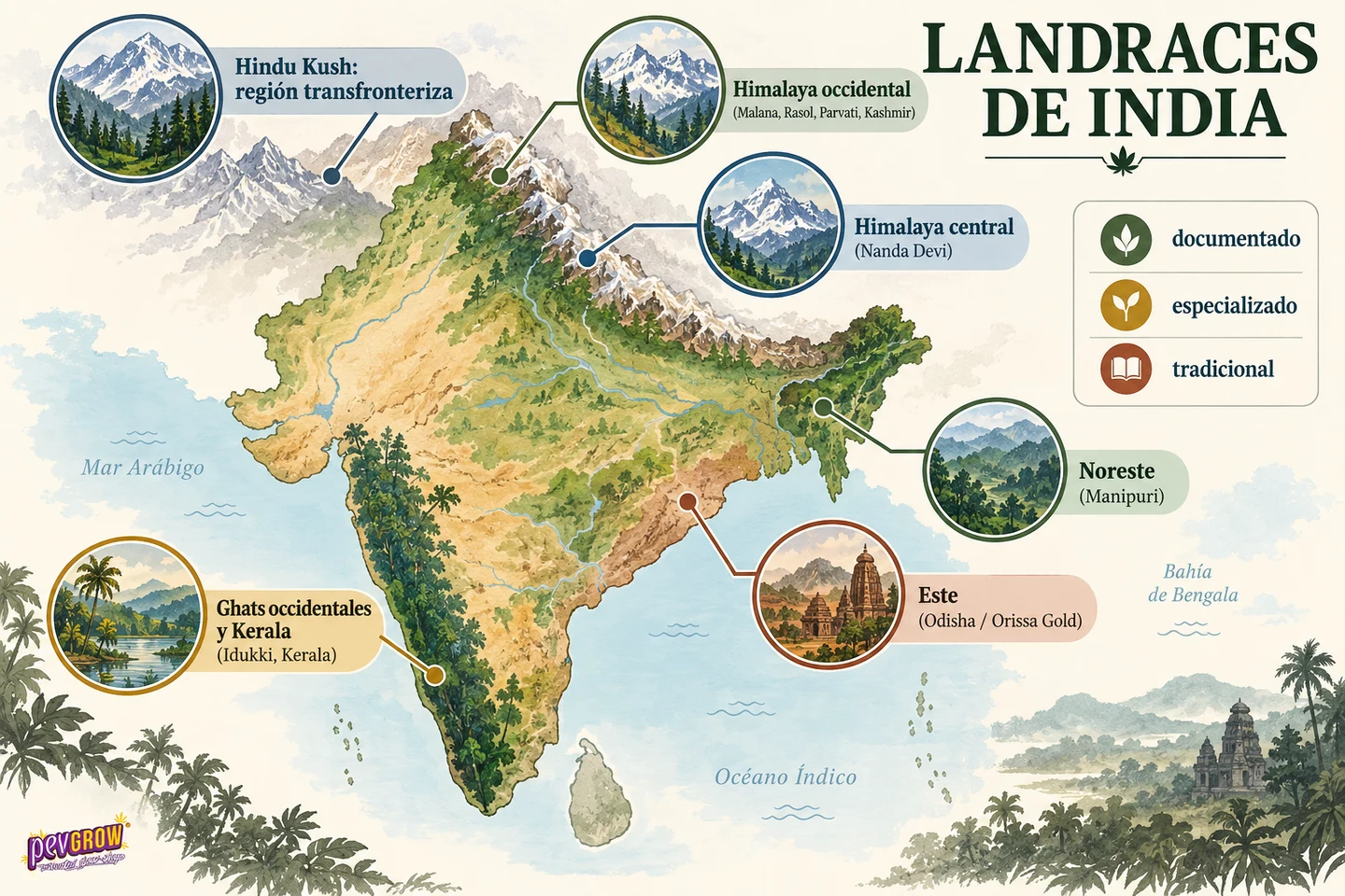 Mapa ilustrado «Landraces de India» con seis zonas señaladas y viñetas de montañas, bosques y paisajes tropicales. Mapa ilustrado «Landraces de India» con seis zonas señaladas y viñetas de montañas, bosques y paisajes tropicales.