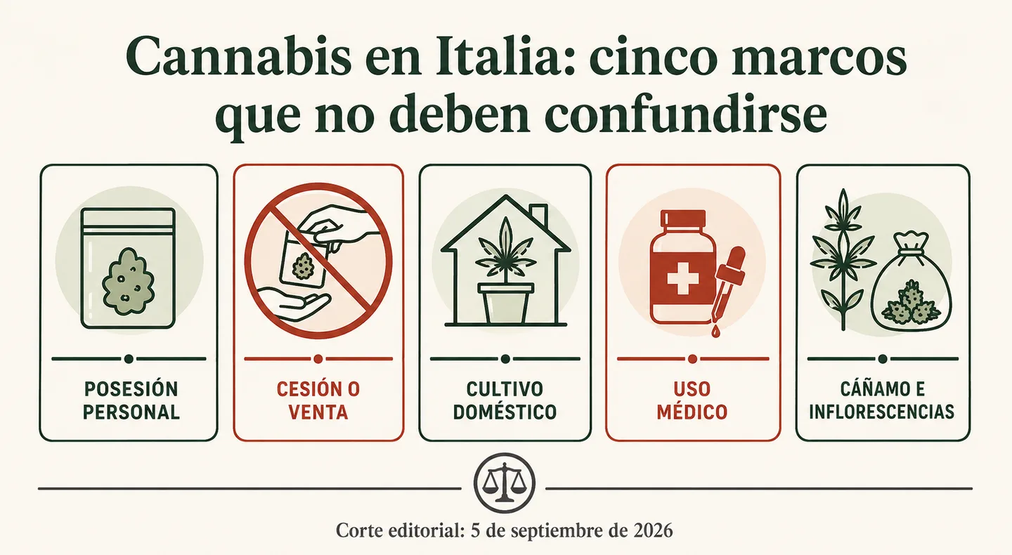 Infografía sobre cannabis en Italia con cinco paneles: posesión personal, cesión o venta, cultivo doméstico, uso médico y cáñamo. Infografía sobre cannabis en Italia con cinco paneles: posesión personal, cesión o venta, cultivo doméstico, uso médico y cáñamo.