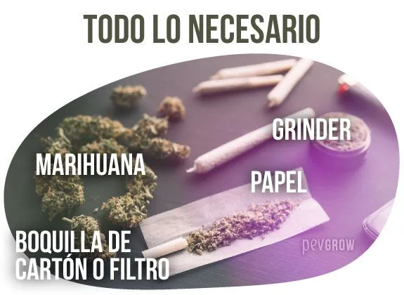 Materiales para liar: cogollos, grinder, papel con cannabis y boquilla, señalados con rótulos bajo «Todo lo necesario».