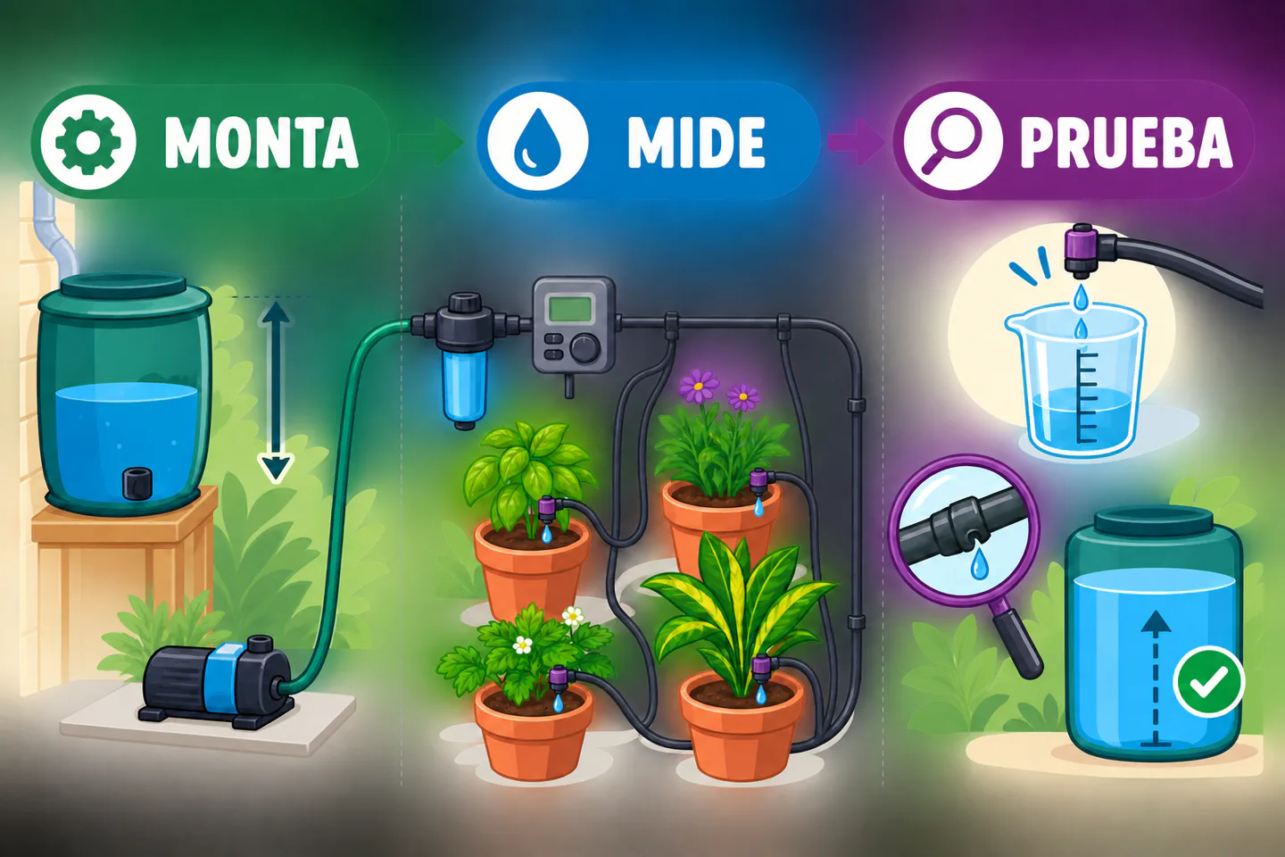Infografía «Monta, mide, prueba» con depósito, bomba, controlador y goteros conectados a cuatro macetas, junto a un vaso de medición.