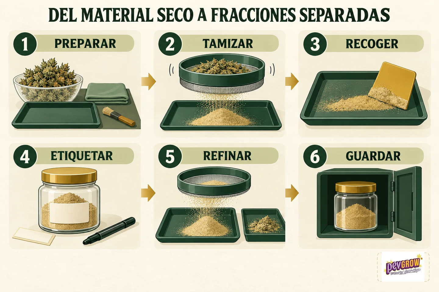 Infografía en seis viñetas sobre la separación de material seco: preparar, tamizar, recoger, etiquetar, refinar y guardar. Infografía en seis viñetas sobre la separación de material seco: preparar, tamizar, recoger, etiquetar, refinar y guardar.