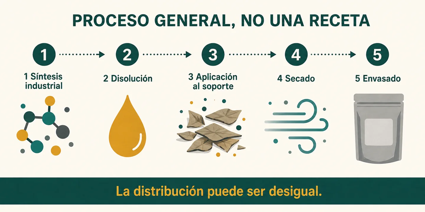 Infografía con cinco etapas generales: síntesis industrial, disolución, aplicación al soporte, secado y envasado; la distribución del compuesto puede ser desigual