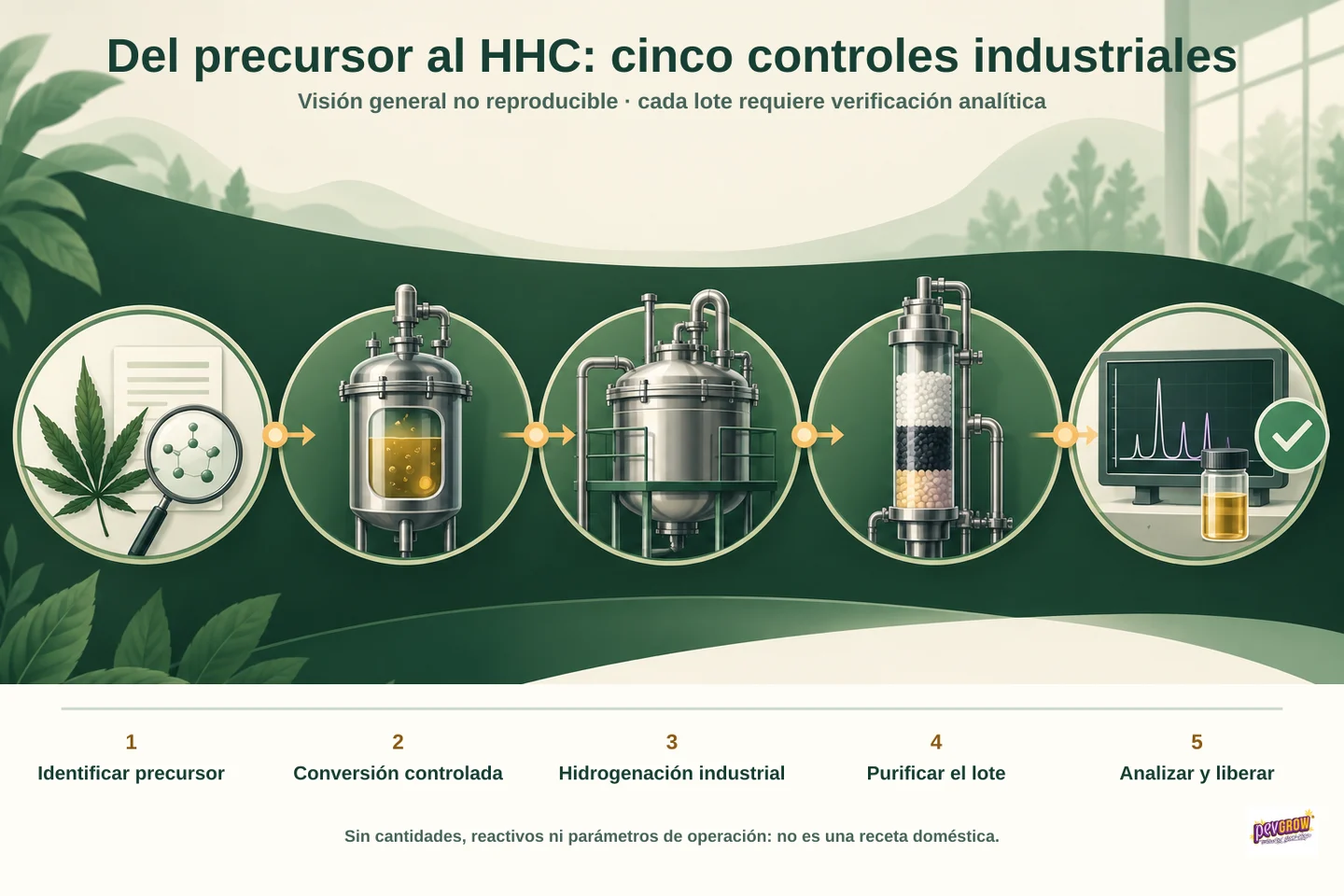 Infografía del precursor al HHC con cinco controles industriales, ilustrados mediante documentación, reactores, una columna y análisis. Infografía del precursor al HHC con cinco controles industriales, ilustrados mediante documentación, reactores, una columna y análisis.