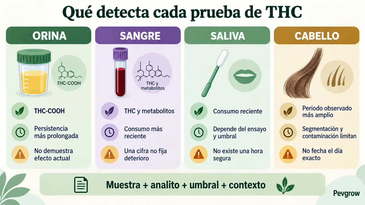 Infografía que compara qué detectan las pruebas de THC en orina, sangre, saliva y cabello, con sus límites de interpretación. Infografía que compara qué detectan las pruebas de THC en orina, sangre, saliva y cabello, con sus límites de interpretación.