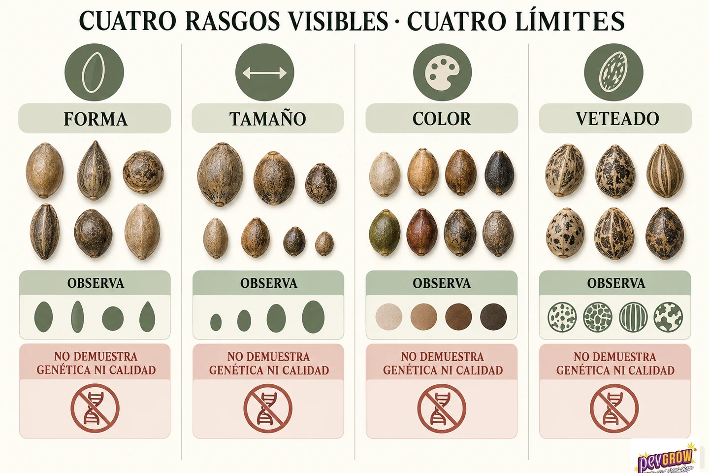 Comparación de semillas por forma, tamaño, color y veteado, con la advertencia de que estos rasgos no demuestran genética ni calidad. Comparación de semillas por forma, tamaño, color y veteado, con la advertencia de que estos rasgos no demuestran genética ni calidad.