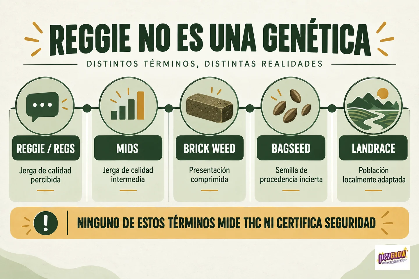 Infografía «Reggie no es una genética» que diferencia reggie, mids, brick weed, bagseed y landrace con iconos y definiciones.