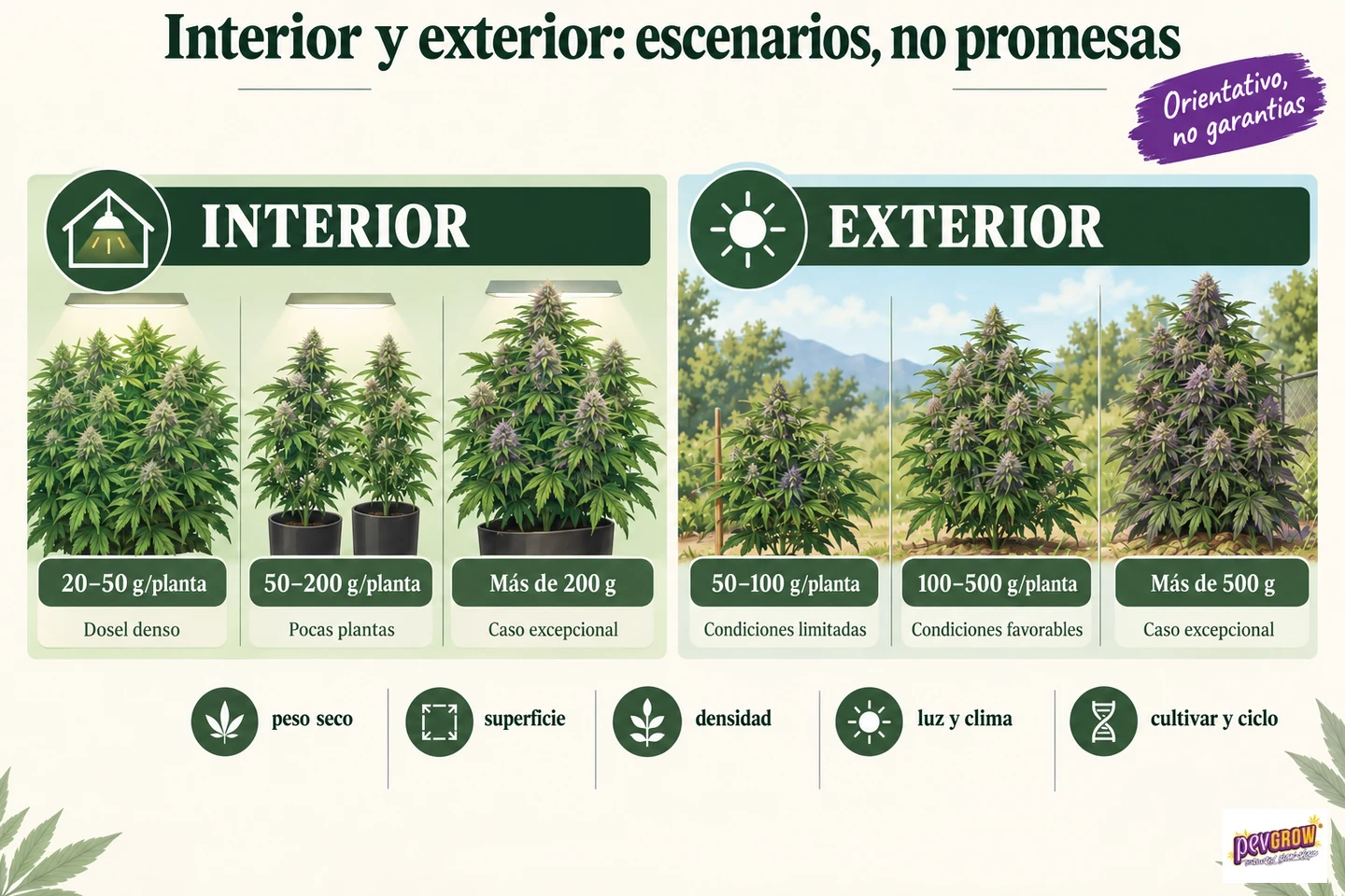 Infografía que compara escenarios orientativos de producción de cannabis en interior y exterior, con cantidades por planta y factores asociados. Infografía que compara escenarios orientativos de producción de cannabis en interior y exterior, con cantidades por planta y factores asociados.