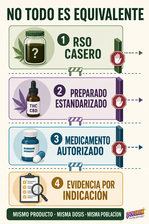 Infografía «No todo es equivalente» que distingue RSO casero, preparado estandarizado, medicamento autorizado y evidencia por indicación. Infografía «No todo es equivalente» que distingue RSO casero, preparado estandarizado, medicamento autorizado y evidencia por indicación.
