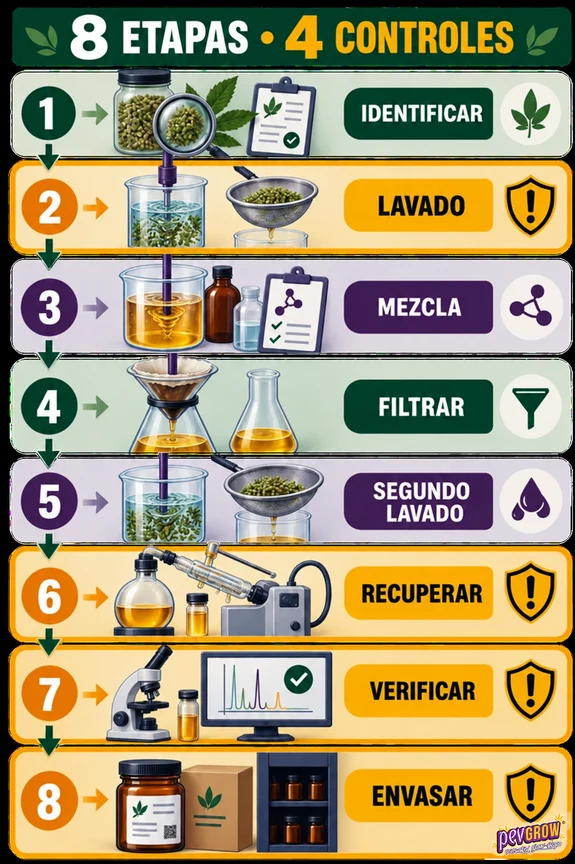 Infografía de ocho etapas del proceso de RSO, con recipientes, filtros y equipos de laboratorio y cuatro controles señalados. Infografía de ocho etapas del proceso de RSO, con recipientes, filtros y equipos de laboratorio y cuatro controles señalados.