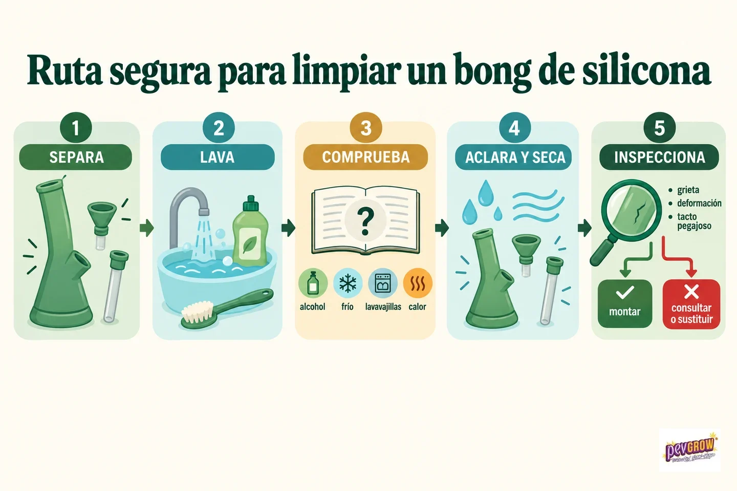 Infografía sobre limpieza de un bong de silicona en cinco pasos: separar, lavar, comprobar, aclarar y secar, e inspeccionar.