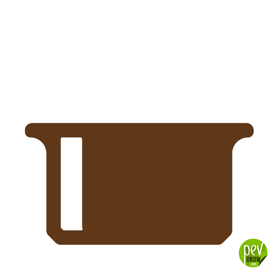 Ilustración de un recipiente marrón con abertura rectangular en el lateral izquierdo, sobre fondo blanco y con el logotipo Pevgrow. Ilustración de un recipiente marrón con abertura rectangular en el lateral izquierdo, sobre fondo blanco y con el logotipo Pevgrow.