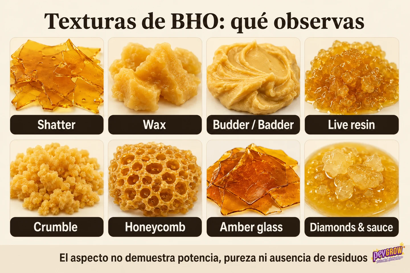 Comparativa visual de ocho texturas de BHO, desde láminas ámbar hasta grumos, cremas y cristales en salsa.