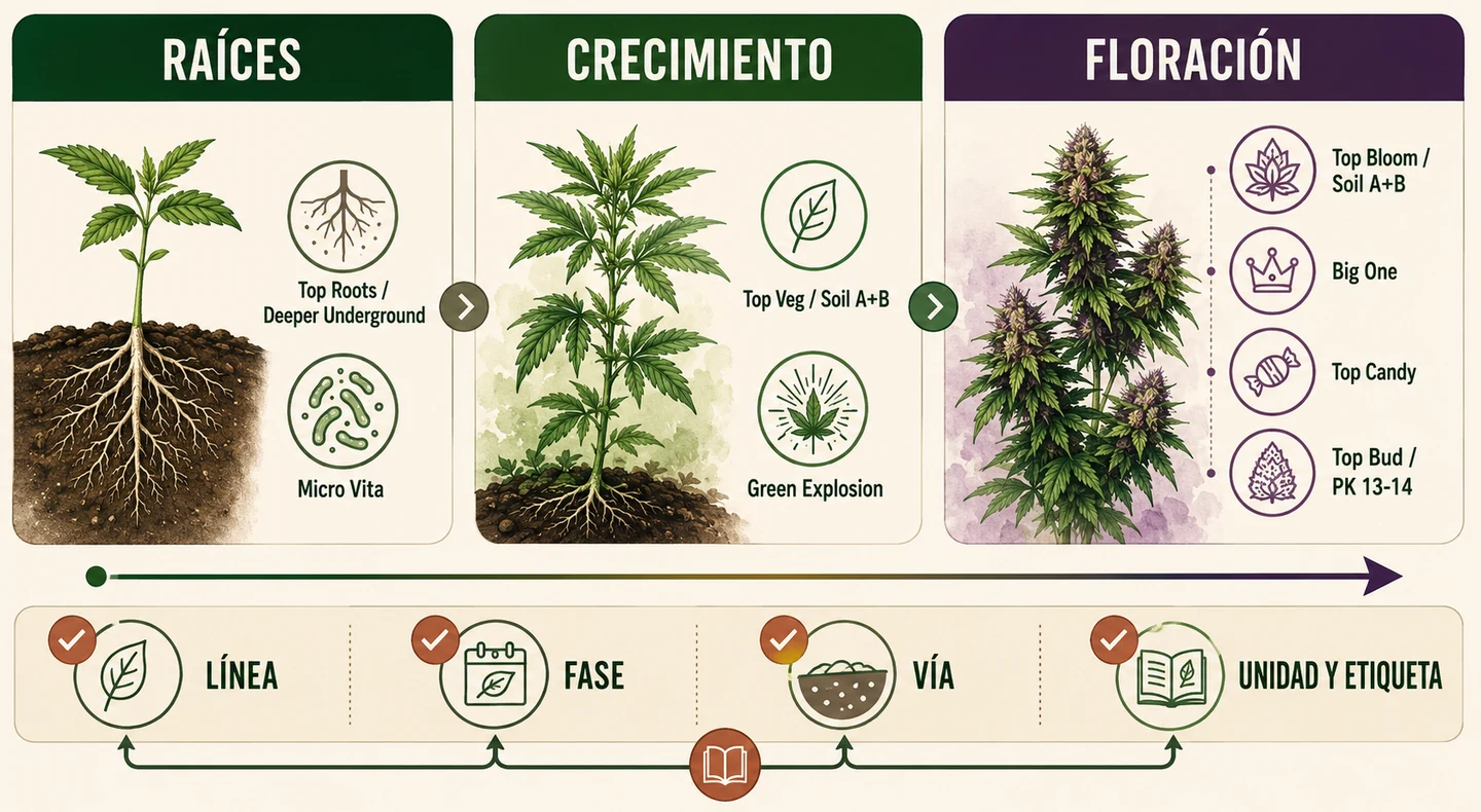 Infografía de productos Top Crop por fases de raíces, crecimiento y floración, con plantas, raíces e iconos de aplicación.