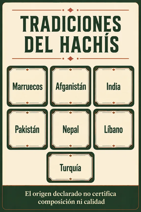 Cartel «Tradiciones del hachís» con siete países de origen en recuadros y una advertencia sobre composición y calidad. Cartel «Tradiciones del hachís» con siete países de origen en recuadros y una advertencia sobre composición y calidad.