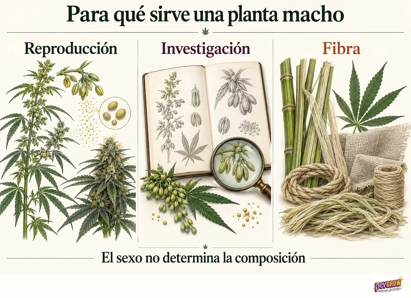 Infografía sobre usos de la planta macho de cannabis en reproducción, investigación y fibra, con ilustraciones botánicas y cuerdas. Infografía sobre usos de la planta macho de cannabis en reproducción, investigación y fibra, con ilustraciones botánicas y cuerdas.