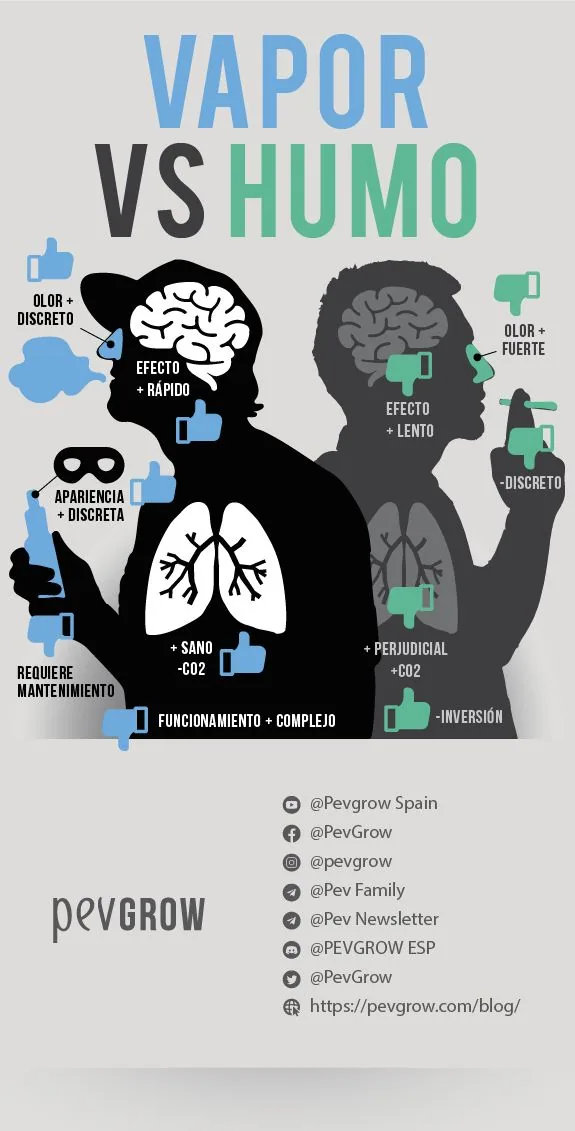 Infografía «Vapor vs humo» con dos siluetas que comparan olor, discreción, rapidez del efecto, mantenimiento y otros aspectos.