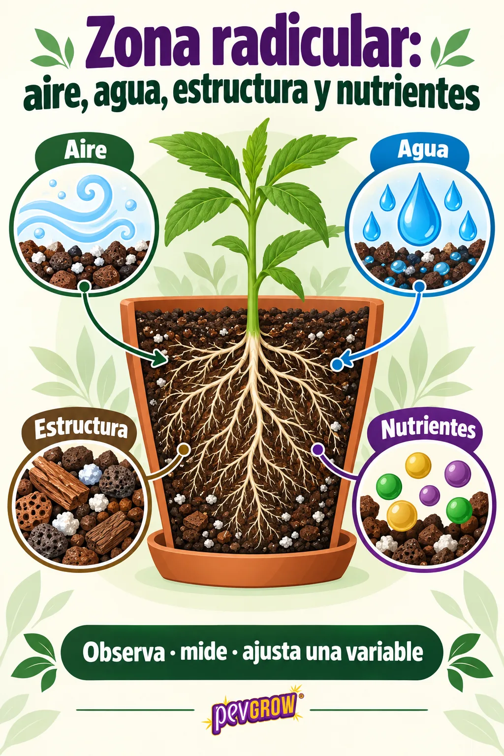 Infografía de una planta en una maceta seccionada que muestra sus raíces y relaciona la zona radicular con aire, agua, estructura y nutrientes.