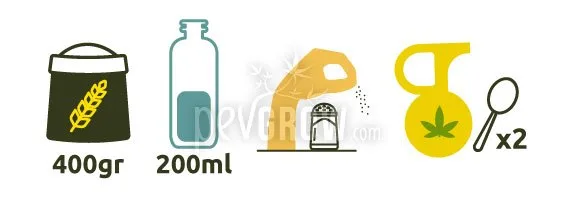 Ingredientes ilustrados para masa: harina marcada 400 gr, botella de 200 ml, jarra con hoja de cannabis y dos cucharadas indicadas. Ingredientes ilustrados para masa: harina marcada 400 gr, botella de 200 ml, jarra con hoja de cannabis y dos cucharadas indicadas.