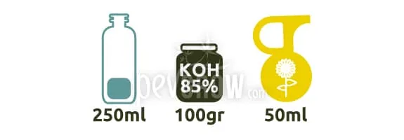 Tres dibujos de recipientes: botella marcada 250 ml, tarro con «KOH 85 %» y 100 gr, y jarra amarilla con símbolo de girasol y 50 ml. Tres dibujos de recipientes: botella marcada 250 ml, tarro con «KOH 85 %» y 100 gr, y jarra amarilla con símbolo de girasol y 50 ml.