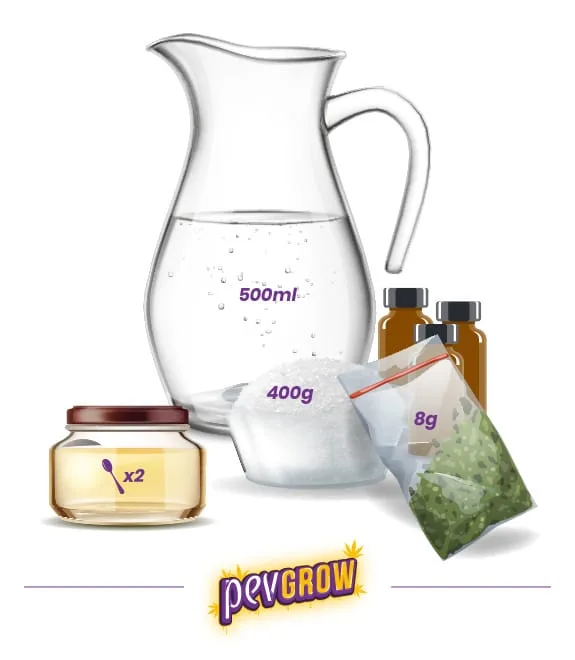 Ilustración de una jarra con 500 ml, azúcar marcado con 400 g, una bolsa de hierba con 8 g, tres frascos y un tarro con dos cucharaditas indicadas.