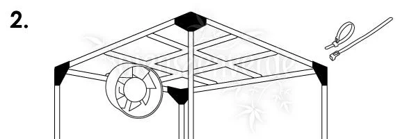 Esquema del paso 2 con un ventilador circular sujeto a la estructura superior de un armario de cultivo y dos bridas aparte.
