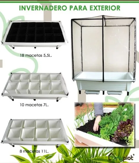 Comparativa de un invernadero elevado con cubierta y tres distribuciones de macetas, junto a una fotografía de hortalizas. Comparativa de un invernadero elevado con cubierta y tres distribuciones de macetas, junto a una fotografía de hortalizas.