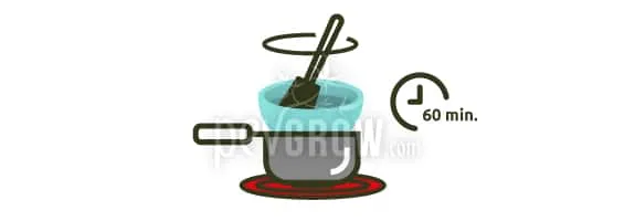 Ilustración de un recipiente con mezcla azul al baño maría sobre una placa roja, con un utensilio para remover y la indicación «60 min.». Ilustración de un recipiente con mezcla azul al baño maría sobre una placa roja, con un utensilio para remover y la indicación «60 min.».